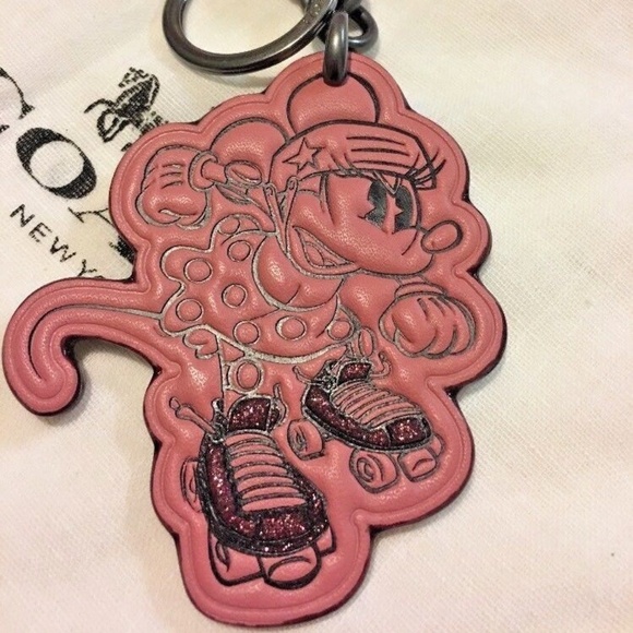 NEW Coach x Disney Minnie Mouse Glitter Keychain Fob Bag Charm F27709 PINK NWT - Picture 3 of 7
